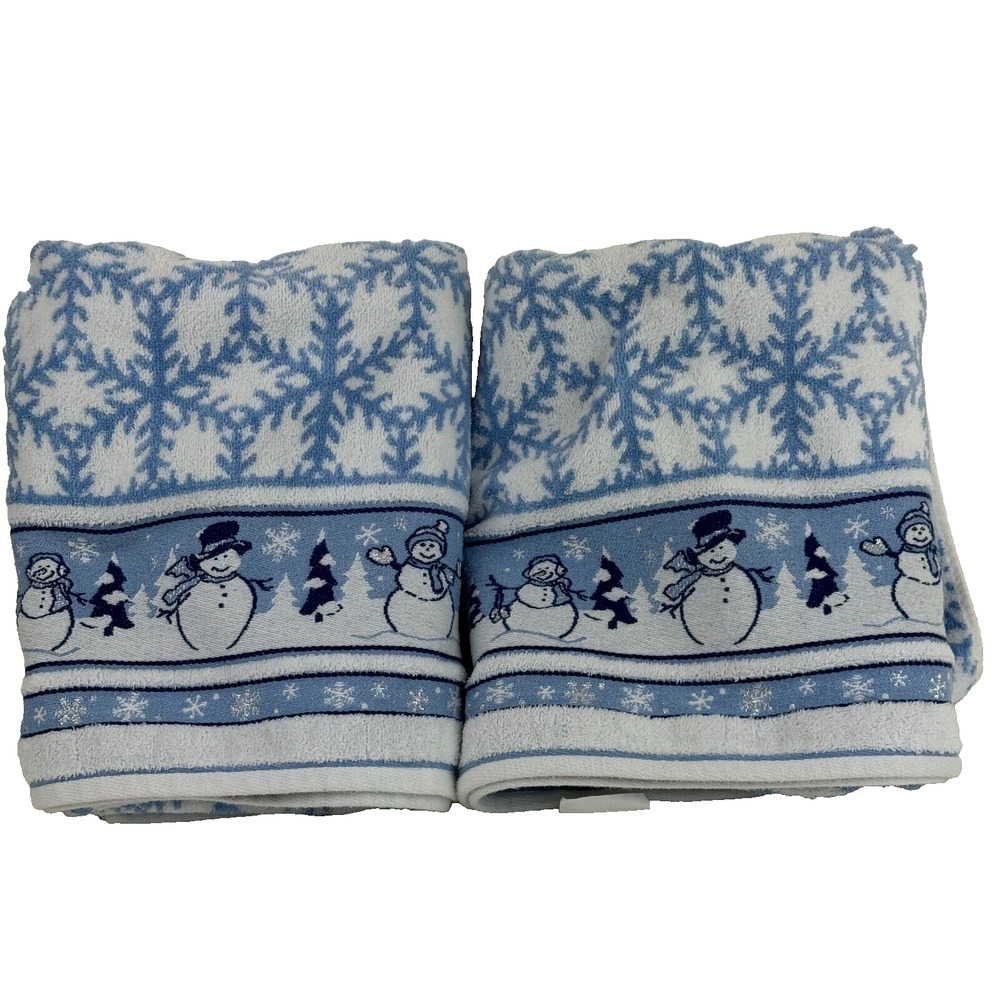 Vintage Bath Towel Cecil Sayday Set of 2  Snowman Snowflakes Blue white